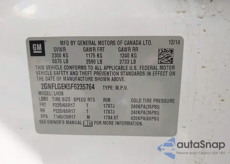 2015 Chevrolet Equinox 2Lt z USA, uszkodzony, nr VIN 2GNFLGEK5F6235764